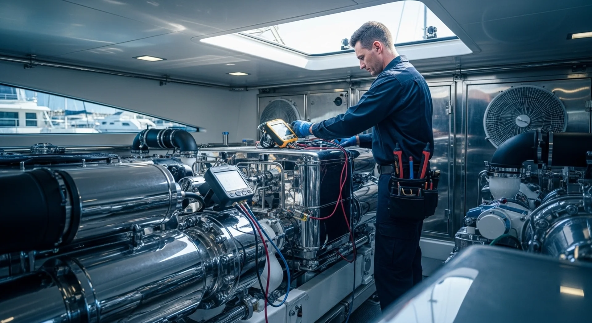 Technician servicing yacht air conditioning system inside engine room in Cyprus marina